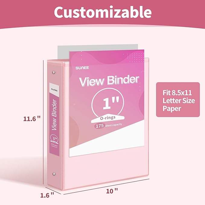 SUNEE 1 Inch Binders 3 Ring 6 Pack, Clear View Three Ring Binders PVC-Free (Fit 8.5x11 Inches) for School or Office Supplies, Pastel Binder