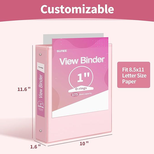SUNEE 1 Inch Binders 3 Ring 6 Pack, Clear View Three Ring Binders PVC-Free (Fit 8.5x11 Inches) for School or Office Supplies, Pastel Binder