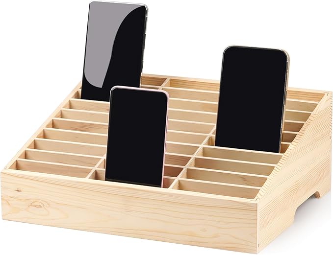 30-Grid Wooden Cell Phone Holder Desktop Organizer Storage Box for Classroom Office (30-Grid)