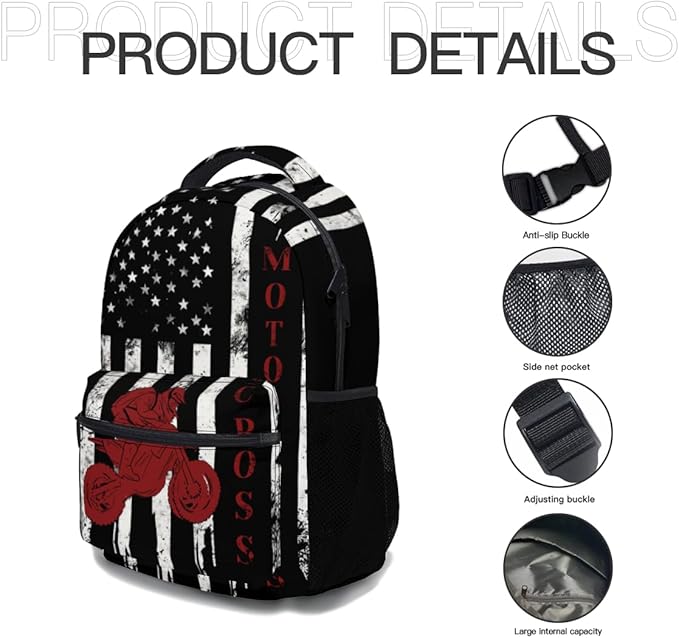 Dirt Bike Backpack for Boys American Flag Motocross School Bookbag Vintage Black White and Red Racing Motorcycle College Shoulders Back Pack for Travel Hiking Camping