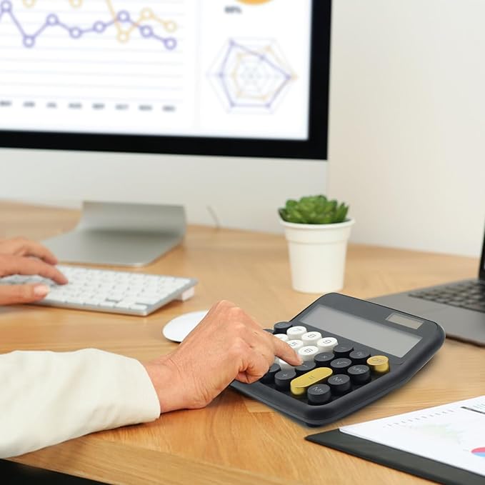 Standard 12 Digit Calculator with Large LCD Display and Big Buttons - Black Gold Office Accessories for Women's Desk