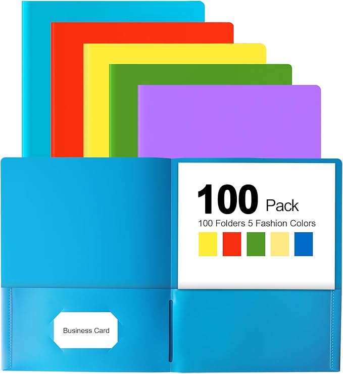 HABGP 100 Folders with Pockets, 5 Color Heavy Duty Plastic Two Pocket Folder with Business Card Holder for Office High School Business Resume