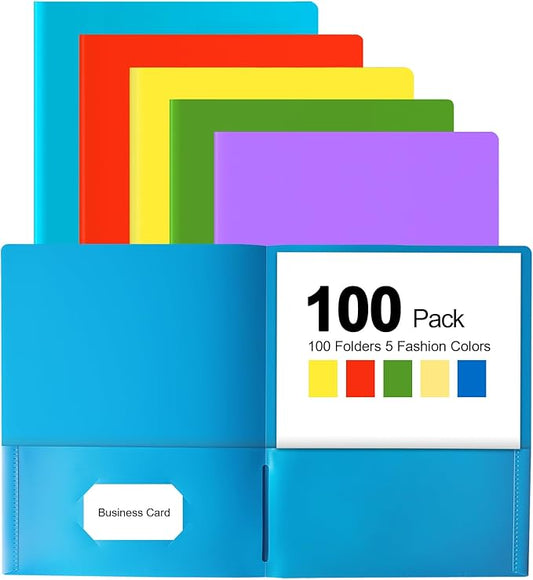HABGP 100 Folders with Pockets, 5 Color Heavy Duty Plastic Two Pocket Folder with Business Card Holder for Office High School Business Resume