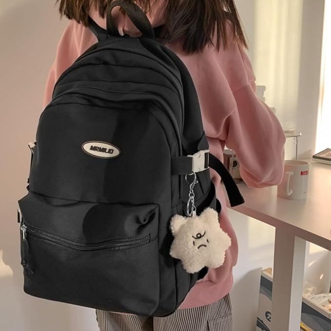 Kawaii Backpack with Cute Accessories Casual Aesthetic Daypack Simple Laptop Bag Waterproof Travel Rucksack for Women (black)