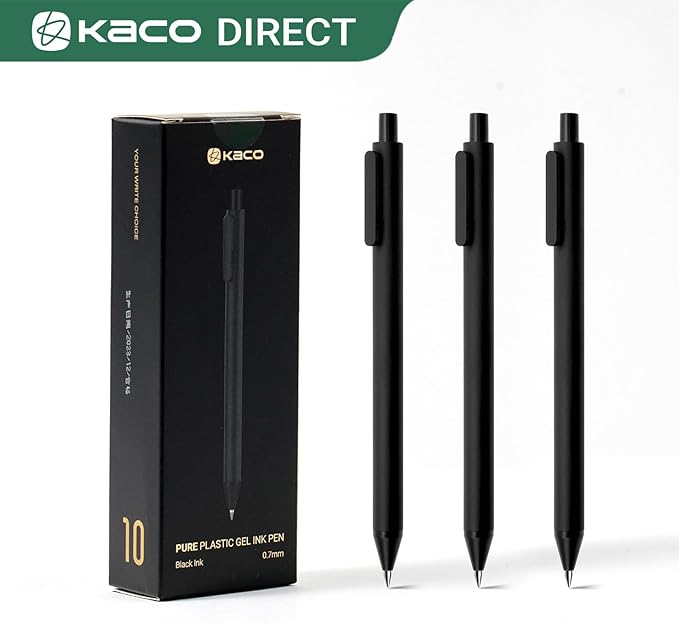 Kaco PURE Gel Pens Black Ink 0.7 mm Medium Point, 10 Pieces Set, Original Design, Quick Drying Aesthetic Note Taking Pens Office Supplies Cute Stationery (10 Black)