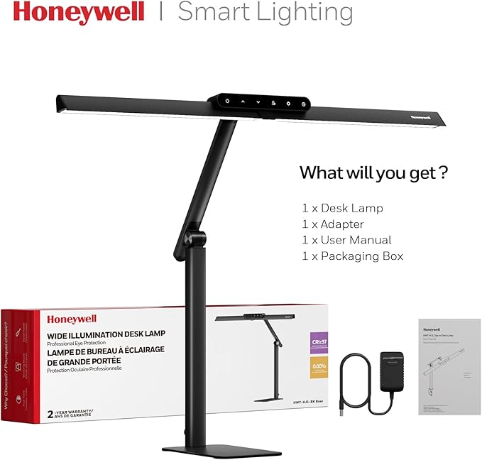 Honeywell LED Desk Lamp with Base - HJ1BK Sunturalux Eye-Caring Architect Desk Lamp for Home Office, 1200LM Computer Desk Light 4 Color Modes Stepless Dimming Task Desk Light with Timer Function Black