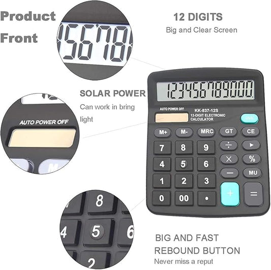 Calculators, BESTWYA 12-Digit Dual Power Handheld Desktop Calculator with Large LCD Display Big Sensitive Button (Black, Pack of 10)