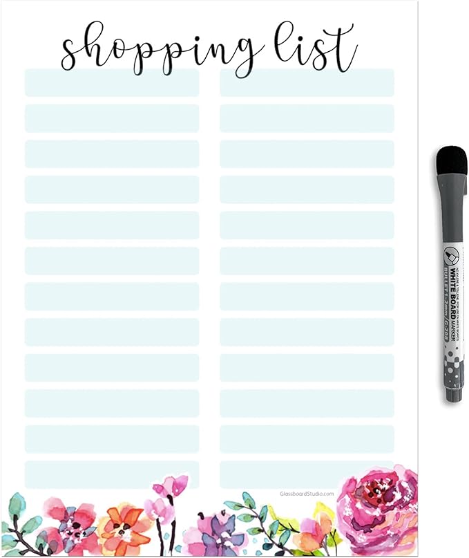 Dry Erase Shopping List Vinyl Sticker Decal Whiteboard by Glassboard Studio | Removable & Reusable | Magnetic Fine-Tip Marker Included (9 x 12 inches, Floral)