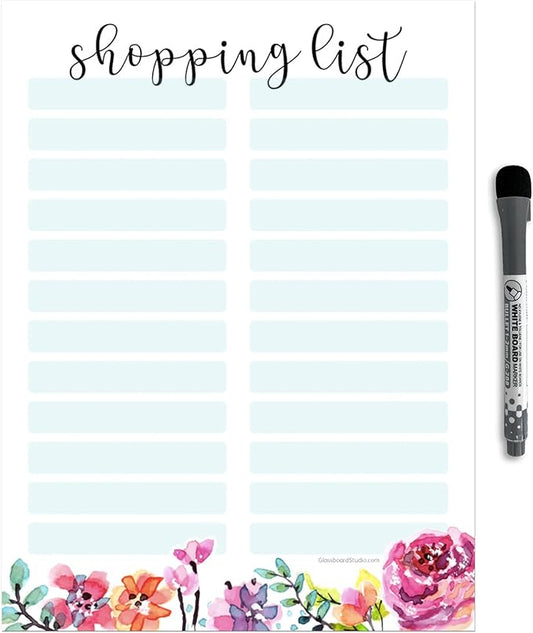 Dry Erase Shopping List Vinyl Sticker Decal Whiteboard by Glassboard Studio | Removable & Reusable | Magnetic Fine-Tip Marker Included (9 x 12 inches, Floral)