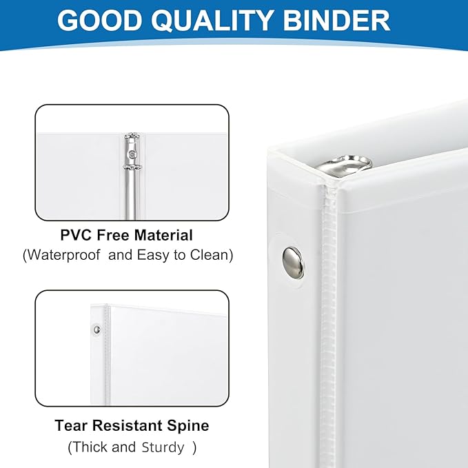 1/2 Inch 3-Ring Binder, 0.5-inch Round Ring Binder with 2 Inside Pockets, 12 Pack White Binders, Clear View CoverBinder Holds 8.5'' x 11''Paper for Office/Home/Back to School
