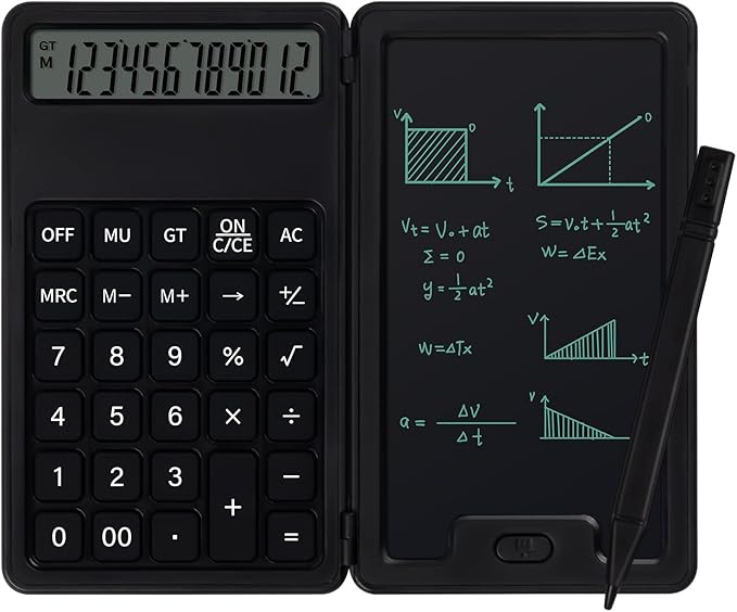 Desk Portable Basic Calculator with Notepad and Stylus, 12 Digit Large Display Multi-Function for Office, School, Home & Basic Financial (Black)