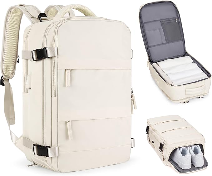 Beige Large Travel Backpack For Women Men Airline Approved Personal Item Backpack For Airlines Carry On Backpack Flight Approved Waterproof Backpack For Traveling On Airplane Weekender Travel Bag