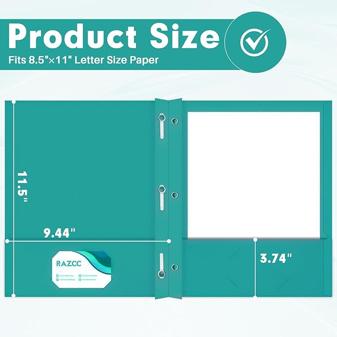 Two Pocket Folders, RAZCC 50 Pack Two Pocket Folders with Prongs, 3 Prong Folders Fit Letter Size Paper, Pocket File Folders for School Office Home Business, Turquoise