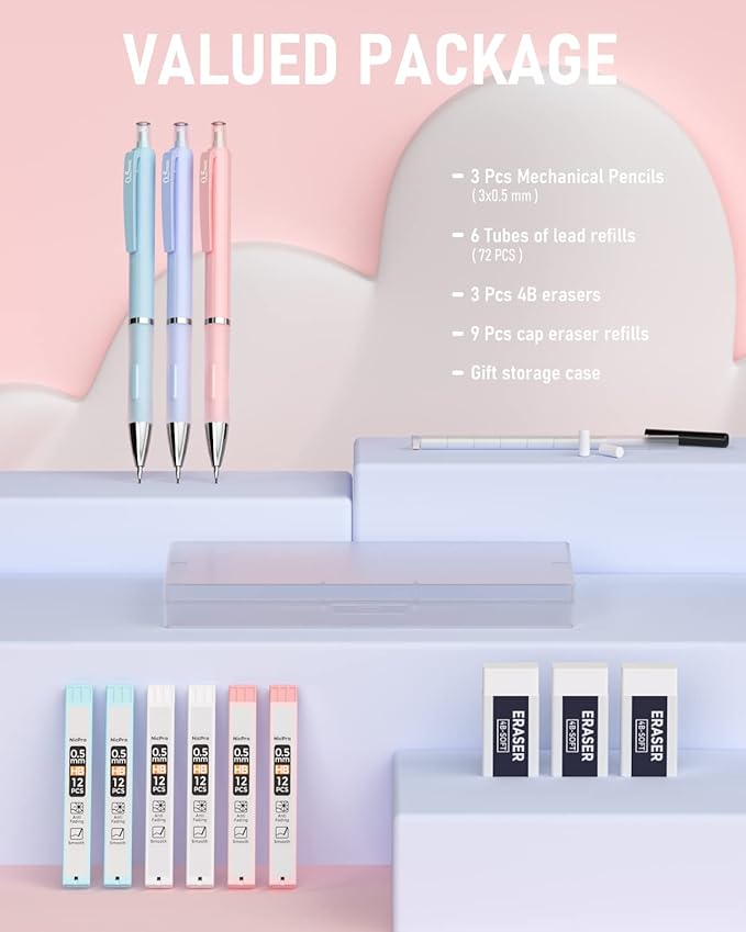 Nicpro 3PCS Pastel Mechanical Pencil Set, 0.5 Mechanical Pencils with 6 Tube HB Lead 0.5mm, 3 Eraser and 9 Eraser Refill & Case, Aesthetic School Supplies for Drafting Sketching, Drawing & Writing