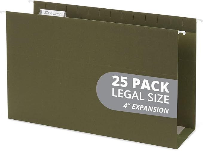 25 Blue Summit Supplies Legal Size Hanging File Folders, 4" Expansion, Standard Green, 12pt Paper, Plastic Tabs Included, Expandable Hanging File Folders, 25 Pack