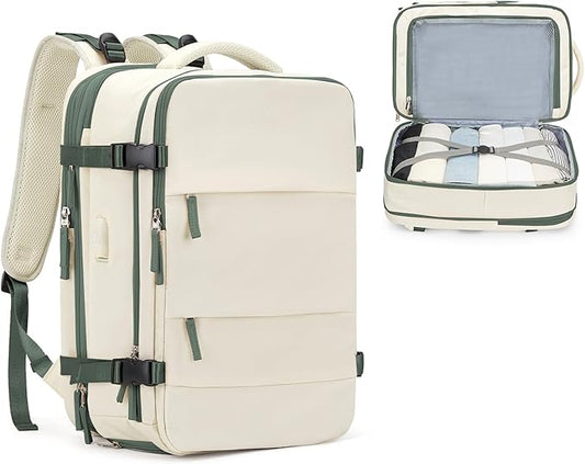 Casual Backpack Traveling Backpack, A-beige With Green, Expandable, Travel Backpacks