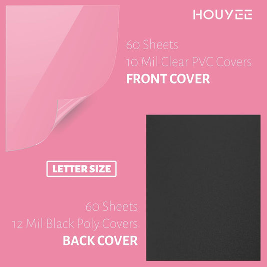 HOUYEE 120 Pack Binding Covers Set, 8.5x11 Inches, Including 60 Pcs 12 Mil Sand Plastic Texture, 60 Pcs 10 Mil Clear Binding Covers