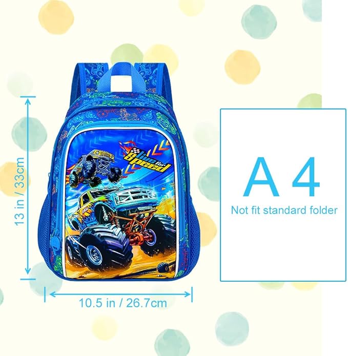 KLFVB Boys Toddler Truck Backpack, Water Resistant Kindergarten Bookbag, 13" Preschool Backpacks for Toddler - Truck Blue