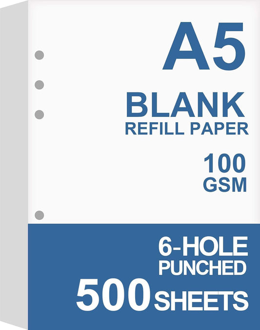 (5-Pack) A5 Blank Paper, Refills for Filofax Planner, Organizer, Binders, 6 Hole Punched, Total 500 Sheets/1000 Pages, 100gsm, White, 5.8 x 8.2 Inch, 6 Hole Filler Paper