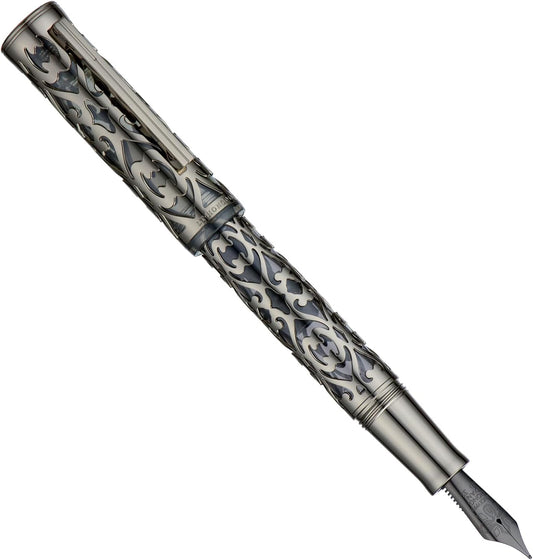 Hongdian D1 Piston Fountain Pen Extra Fine Soft Nib, Jet Black Hollow Skeleton & Resin Pen with Metal Case Set