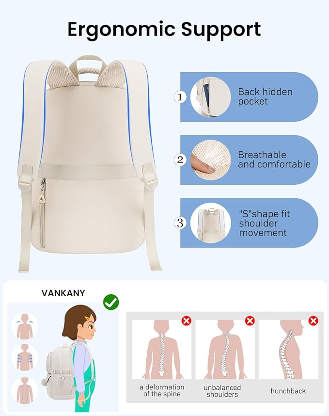 Teen Girls Backpack for School, Multi-pocket Aesthetic Middle School Book Bag College Travel Back Pack Kid Casual Laptop Backpack for Women (Beige)