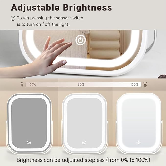 Travel Makeup Mirror with Lights, Portable Small Beauty LED Vanity Mirror with Lights, 1200mAh Battery, Dimmable Touch Screen, Tabletop Folding Compact Mirror,Women Gift