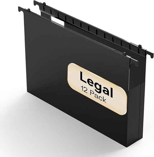 Plastic Extra Capacity Legal Size Hanging File Folders,12 Pack Reinforced Black Legal Hanging Folder Expandable,Heavy Duty 2 Inch Expansion,Adjustable Tabs, File Cabinet Folders for Bulky Files