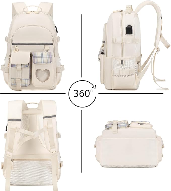 Backpack for Girls - Bookbag Backpacks Schoolbag for Girls Kids Teen Women Casual Travel Daypacks - School Bag Elementary Middle School College Cute Backpack with Lunch Box (Beige)