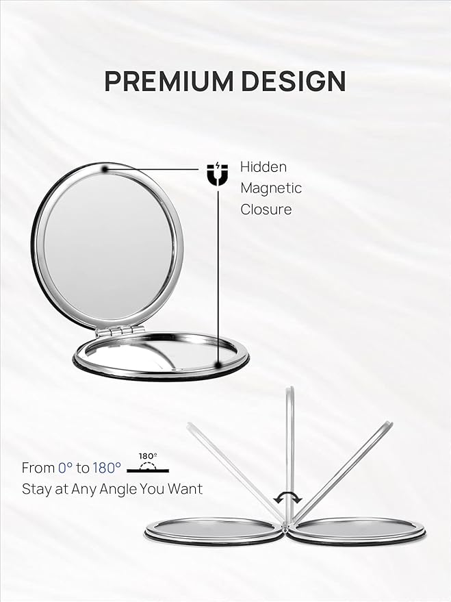 OMIRO 1X/10X Magnifying Compact Mirror with PU Leather, Ultra-Portable for Purses and Travel, Round Black