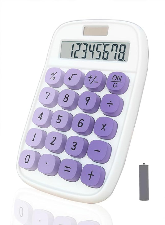 Mechanical Calculator, Cute Calculator with Dual Power 8 Digit Tilt Screen and Big Button for Teachers Students Basic Office (White and Purple)