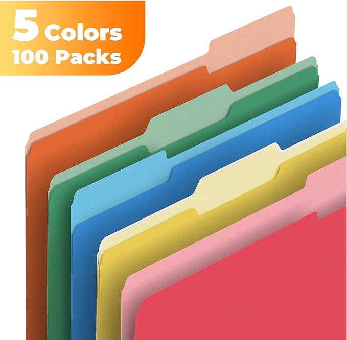 HABGP Colored File Folders Letter Size, 100 Pcs of 5 Assorted Colors Manilla Folders 8.5 x 11 for Documents, Paper 1/3 Cut Tabs Filing Folders for School, Office