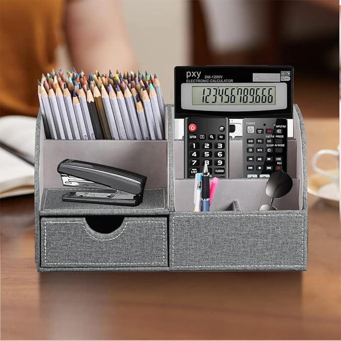 Desk Organizer, PU Leather Desktop Organizers and Accessories, Office Supplies Multi-Functional Caddy Storage with 6 Compartments and 1 Drawer,