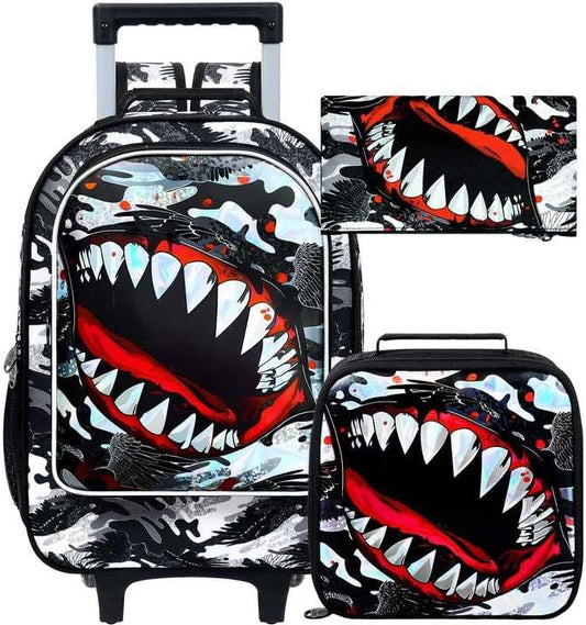 18" Shark Rolling Backpack for Boys, 3Pcs Kids School Backpacks with Wheels, Roller Bookbag with Lunch Box for Preschool Toddler Elementary(Black)