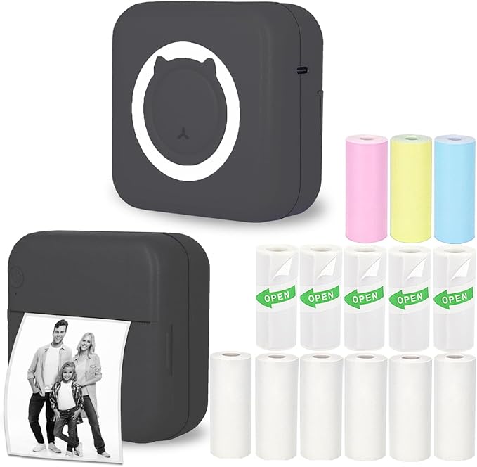 Mini Thermal Inkless Sticker Printer with 14 Rolls Paper, Compatible with iPhone/Android Phone/Tablet, Mini Pocket Printer for Photos/Stickers/Labels/Notes, Black