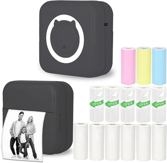 Mini Thermal Inkless Sticker Printer with 14 Rolls Paper, Compatible with iPhone/Android Phone/Tablet, Mini Pocket Printer for Photos/Stickers/Labels/Notes, Black