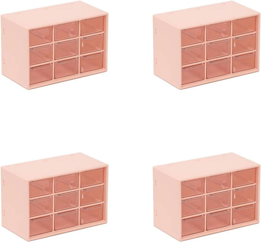 Feadily 4PCS Small Drawer Organizer for Desk, Desktop Drawer Organizer with 9 Clear Drawers, Plastic Desktop Storage Drawers 7.1 Inch x 3 .9 Inch x 4.7 Inch, Pink