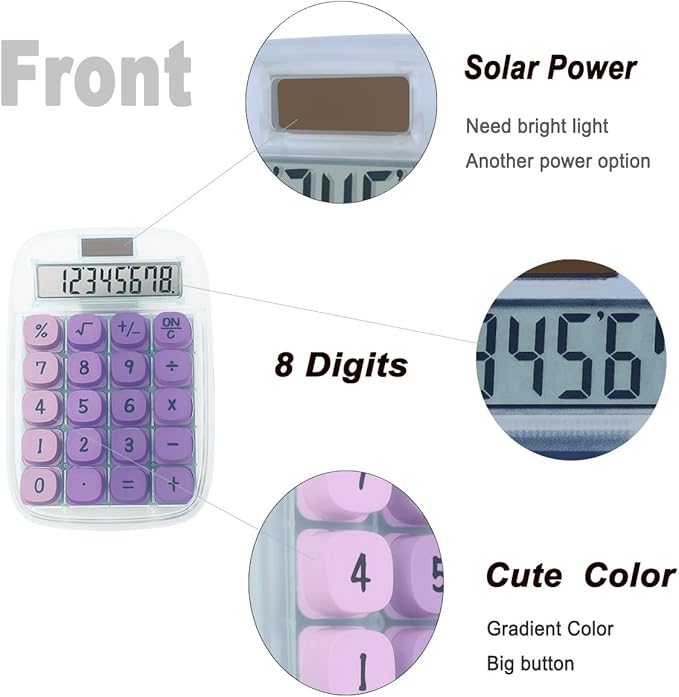 Mechanical Switch Calculator, Purple Calculator with Large LCD Display 8 Digit Tilt Screen and Big Button for Teachers Students Basic Office (Transparent and Purple)