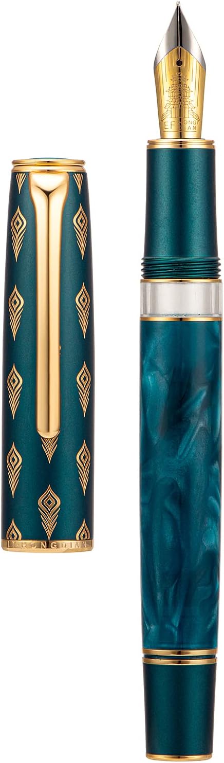 Hongdian N7 Blue Peacock Resin Piston Fountain Pen, Iridium Long Blade Fine Nib Classic Pen, Smooth Writing Pen with Metal Box