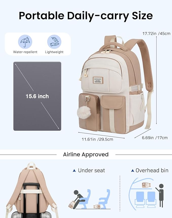 School Backpack for Teen Girls, 15.6in Laptop Bag Cute Bookbag Aesthetic for Middle High School Big Student College Women (Khaki Beige)