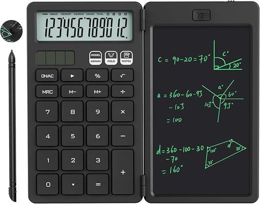 NEWYES Calculator, with Writing Tablet and Pen, Solar & Battery Powered, Suitable for Students, Families, Offices (Black)
