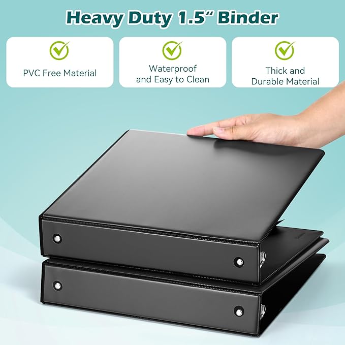 3 Ring Binder 1.5 Inch 6 Pack, 1-1/2" Clear View with Round Rings, PVC-Free,Holds for 325 Sheets 8.5X 11 US Letter Size Paper, Durable Black Perfect for Office,School and Home