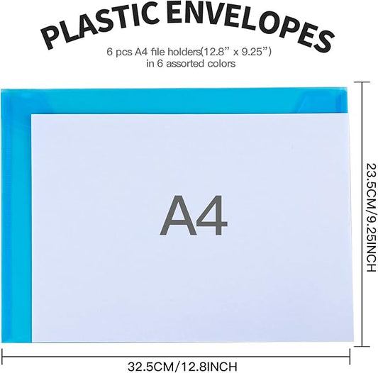 LEOBRO Plastic File Folders for Documents, 6 PCS Plastic Envelopes, Reusable Clear File Folders File Bags Document Holder, A4 Size