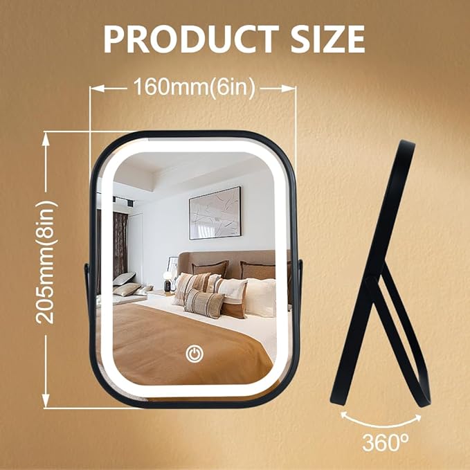 Travel Mirror with Lights, Small LED Makeup Mirror with Lights,Portable Desk Mirror 1200mAh Battery,3 Color Modes,Dimmable Touch Screen, Tabletop Folding Compact Mirror,Women Gift
