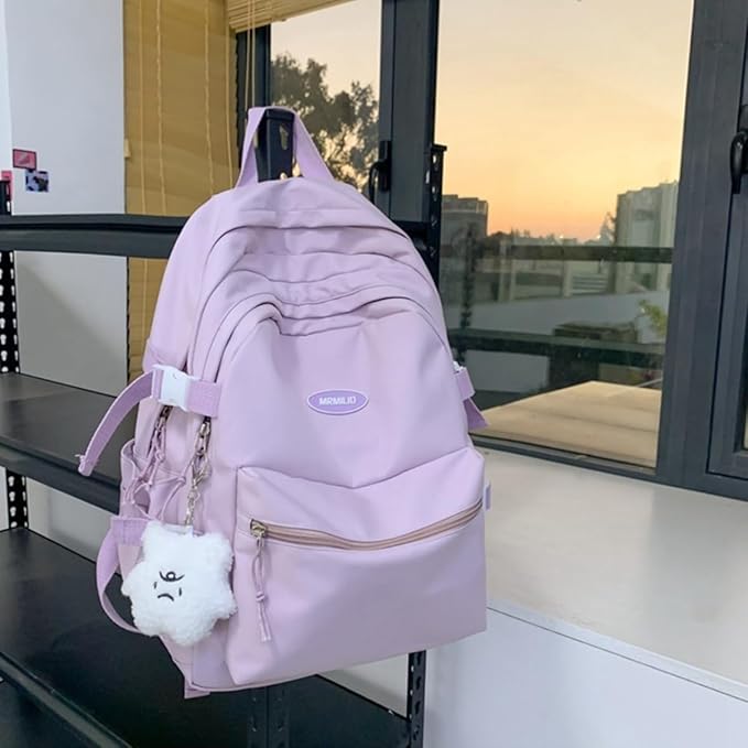 Kawaii Backpack with Cute Accessories Casual Aesthetic Daypack Simple Laptop Bag Waterproof Travel Rucksack for Women (purple)