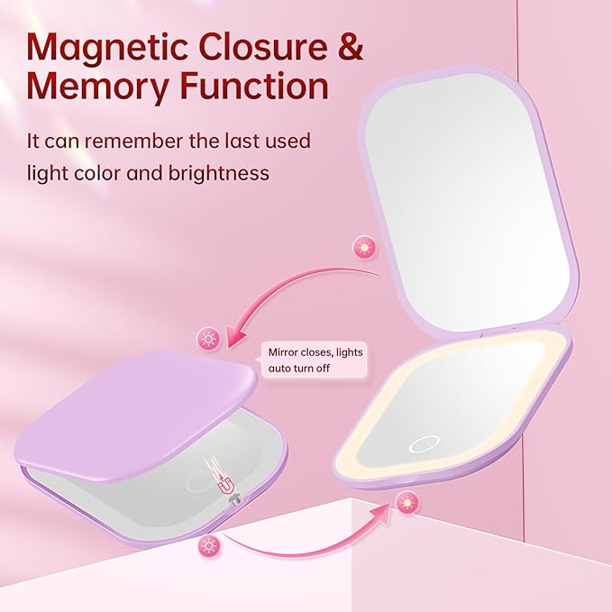 Benbilry Lighted Compact Travel Mirror with 3 Color Lights, 1X/3X Magnifying Ultra Slim Rechargeable Pocket Mirror for Purse, 2-Sided, Handheld, Folding, Portable, Purple