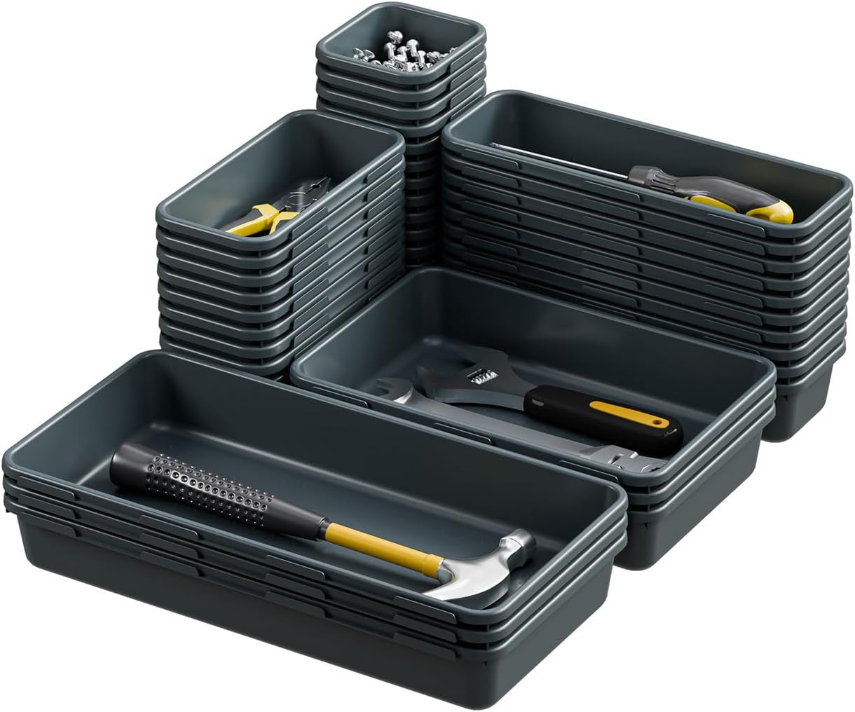 BYCY 38PCS Interlocking Desk Drawer Organizer Tray Divider Set, Plastic Black Desk Organizer Separator, Office Drawer Dividers Storage Bins for Office Bathroom Kitchen (38pcs 5Size)