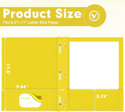 Two Pocket Folders, RAZCC 50 Pack Two Pocket Folders with Prongs, 3 Prong Folders Fit Letter Size Paper, Pocket File Folders for School Office Home Business, Yellow