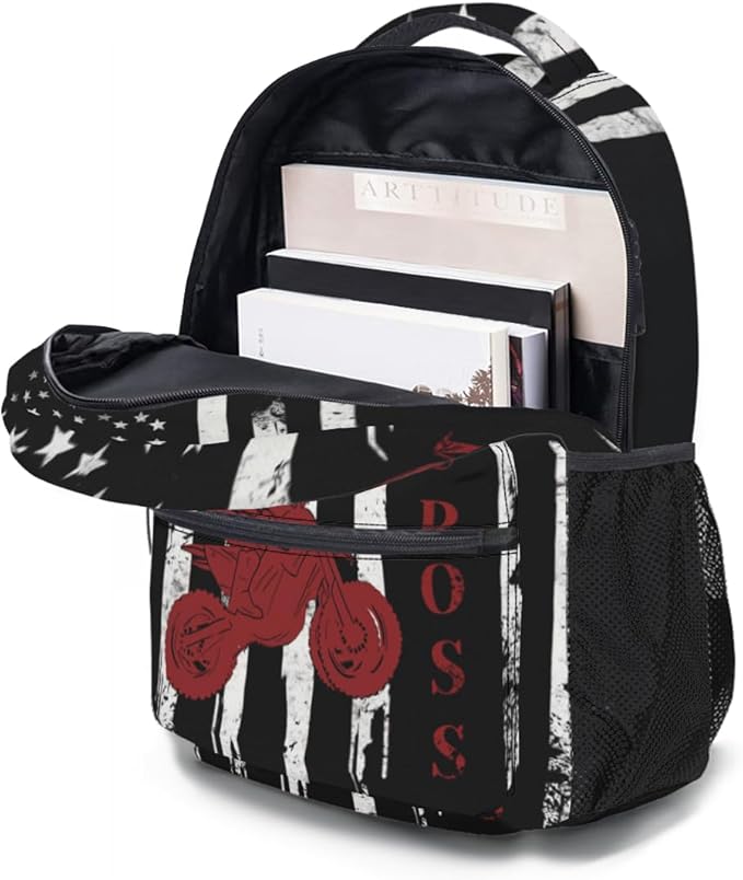 Dirt Bike Backpack for Boys American Flag Motocross School Bookbag Vintage Black White and Red Racing Motorcycle College Shoulders Back Pack for Travel Hiking Camping