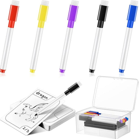 Crtiin 50-Piece Reusable Dry Erase Tokens Set - Blank Index Cards with 5 Color-Coded Markers, 2 Eraser Cloths & Storage Box for DIY Card Games, Flashcards, to-Do Lists, Kids & Adults