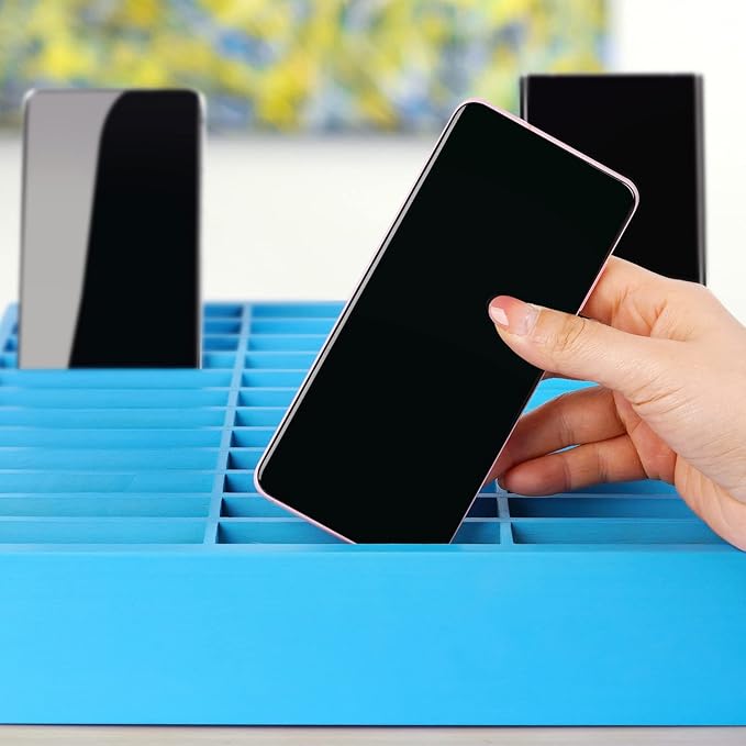 36-Grid Wooden Cell Phone Holder Desktop Organizer Storage Box for Classroom Office (Blue 36-Grid)